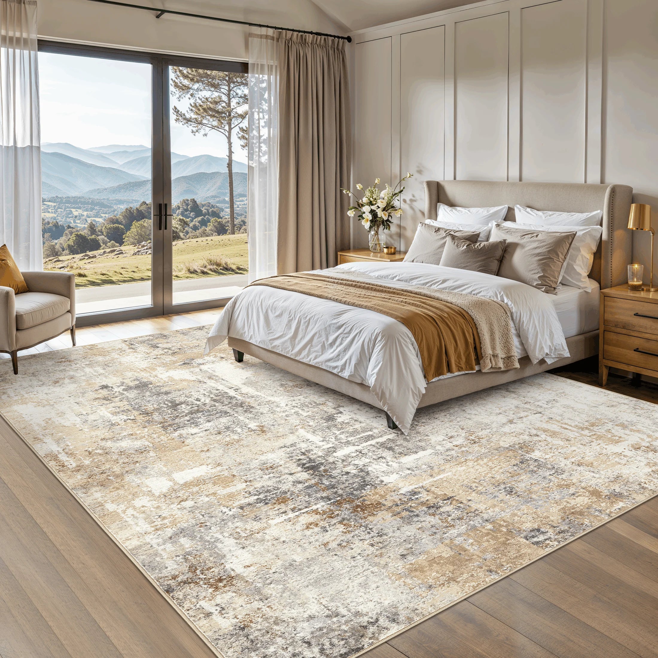 9'X12' Large Area Rugs for Living Room, Washable Non Slip Indoor Rug for Bedroom Home Decor Carpets, Modern Abstract Printed Carpet, Grey Gold