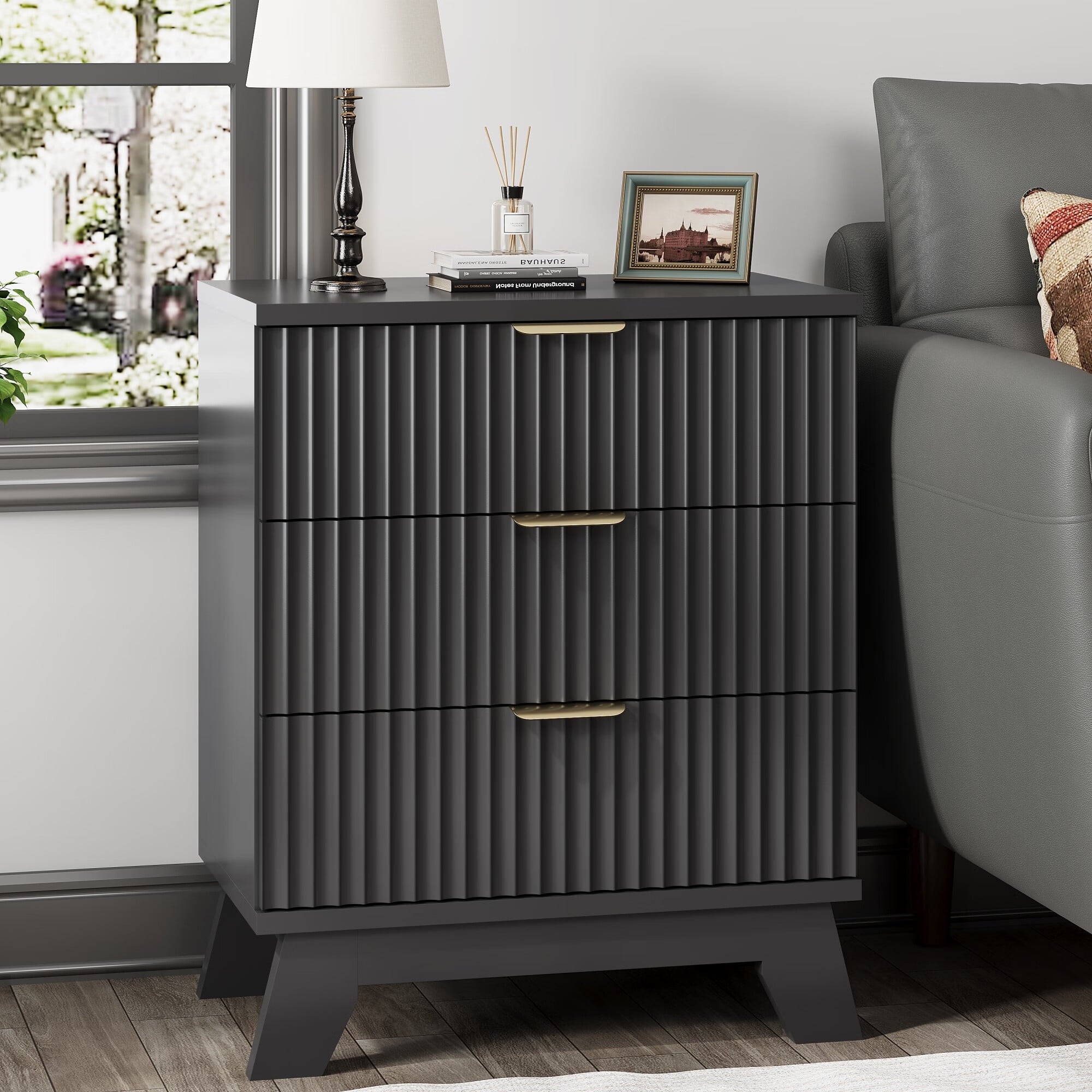 Set of 2 Large Black Bedside Tables – 24" Wide Fluted Wood End Tables