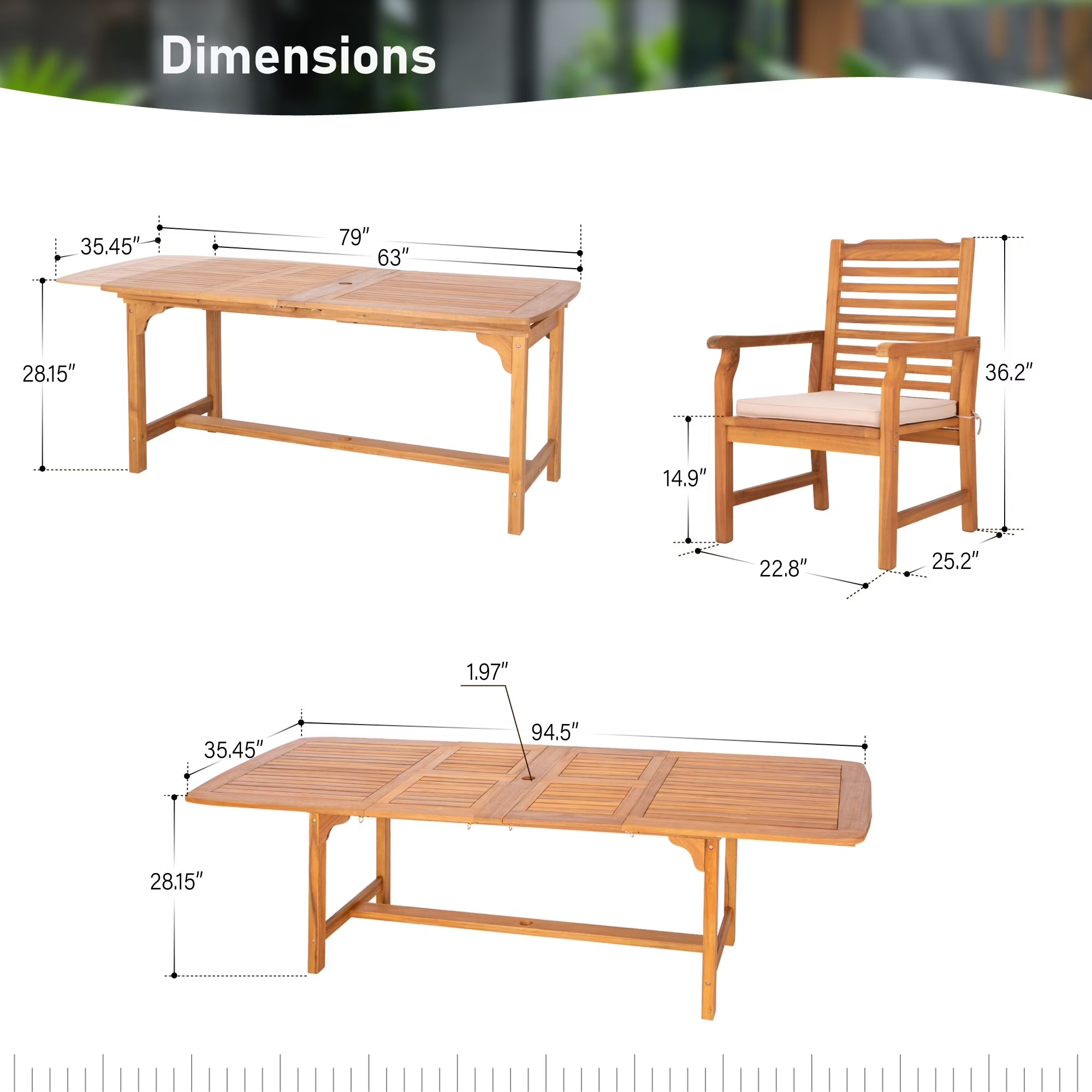 7-Piece Acacia Wood Outdoor Patio Dining Set with 6 Wooden Chairs with Cushions & 1 Expandable Wooden Dining Table for 6-8 Person