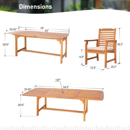 7-Piece Acacia Wood Outdoor Patio Dining Set with 6 Wooden Chairs with Cushions & 1 Expandable Wooden Dining Table for 6-8 Person