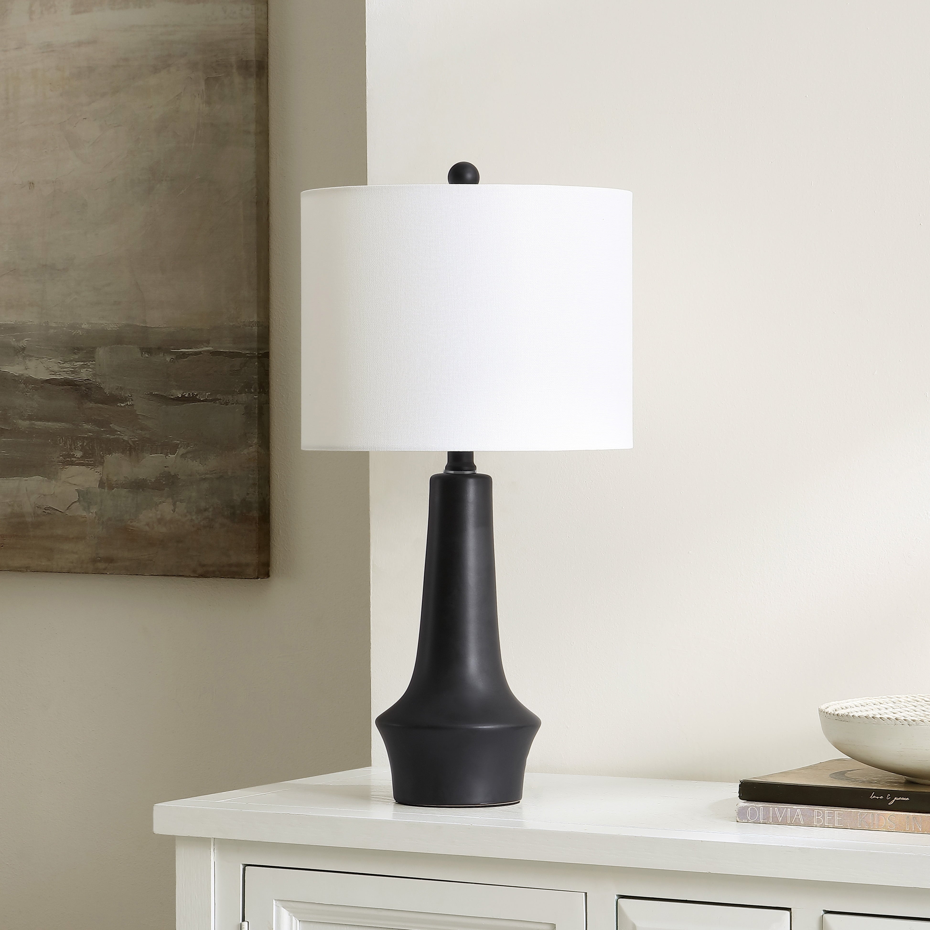 Solyn 22 In. Modern Black Ceramic Table Lamp with White 100% Cotton Shade