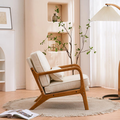 Modern Linen Accent Chair – Beige Reading Chair with Solid Wood Frame