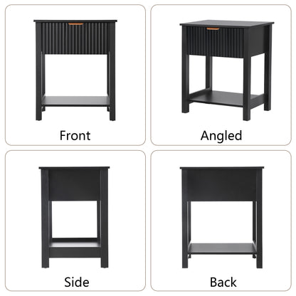 Fluted Nightstand for Bedroom, Wood Bedside Table with Drawers, Black