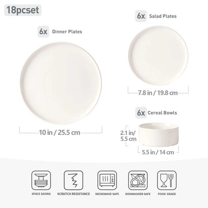 Jade Plates and Bowls Sets, 18 Piece Dinnerware Sets,Set for 6,White