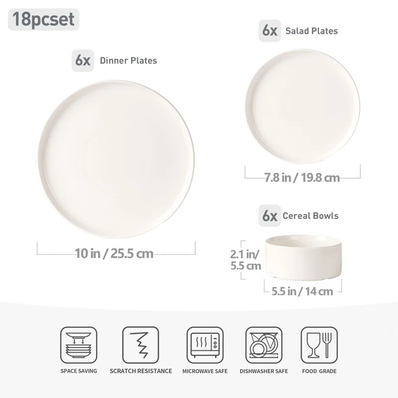 Jade Plates and Bowls Sets, 18 Piece Dinnerware Sets,Set for 6,White