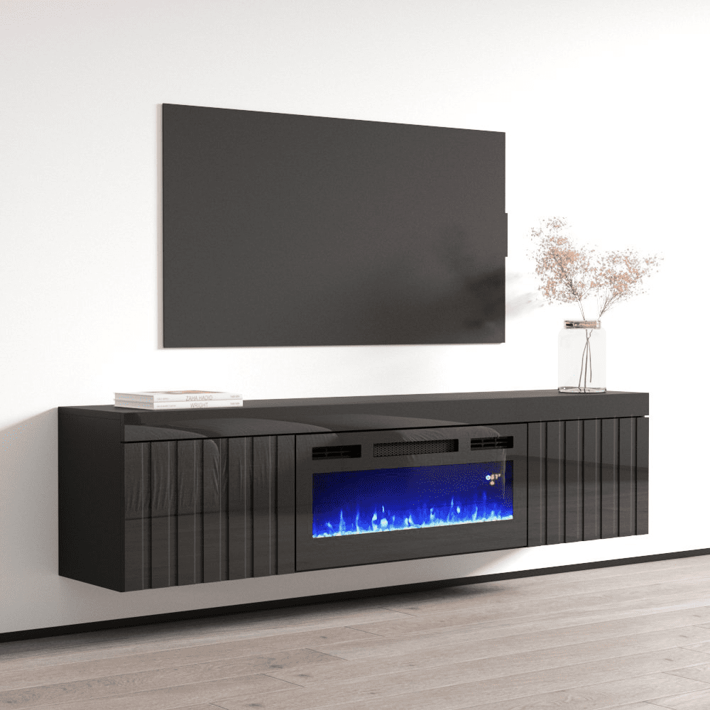 71" Floating Fireplace TV Stand – High Gloss Media Console