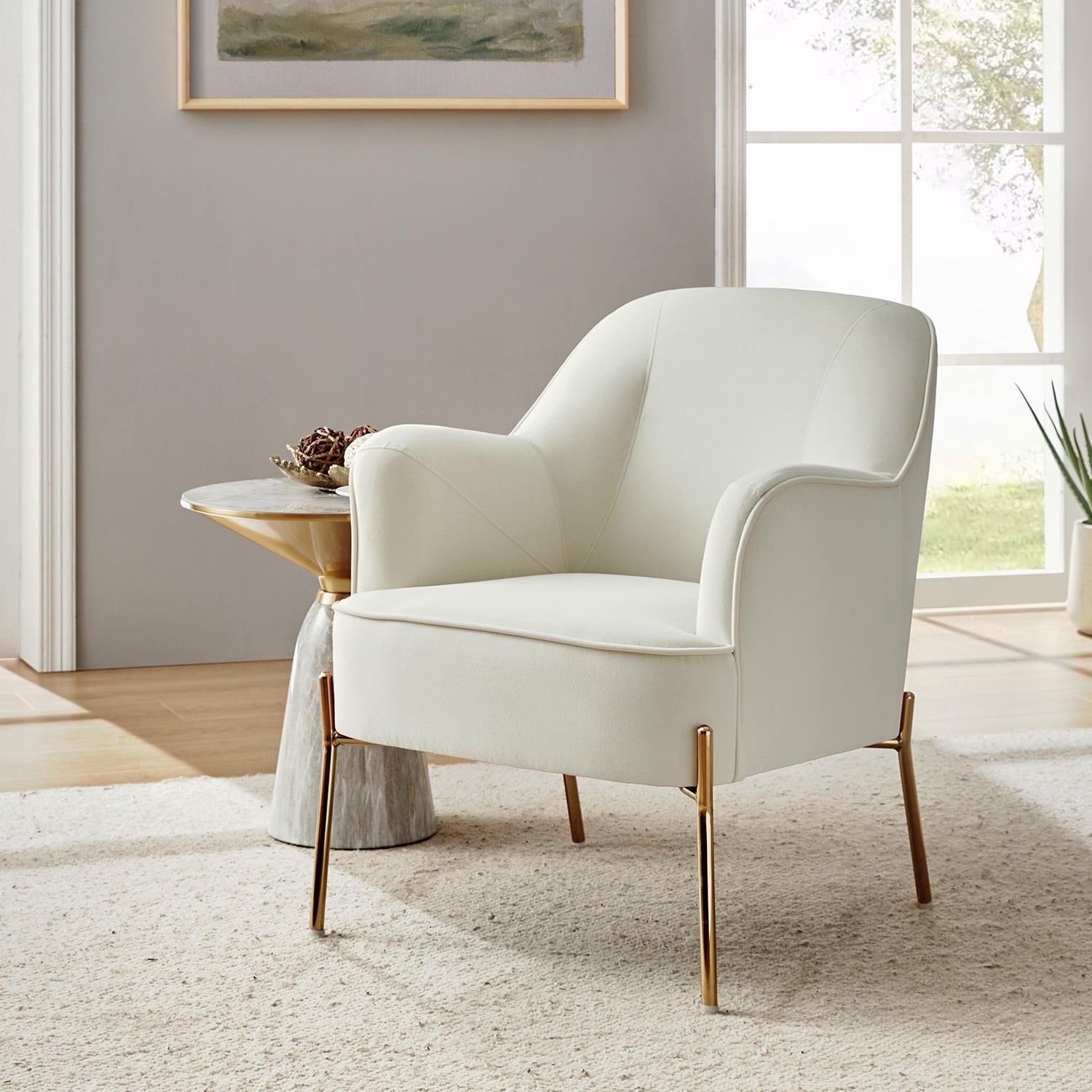 Mid-Century Modern Velvet Upholstered Accent Chair Metal Legs Curved Backrest Lounge Home Armchair Bedroom Ivory