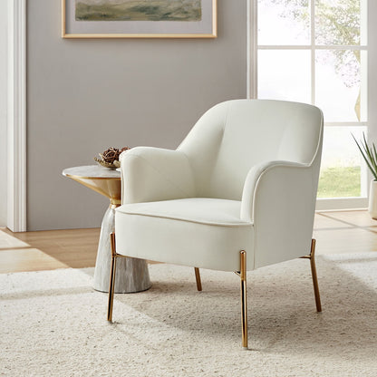 Mid-Century Modern Velvet Upholstered Accent Chair Metal Legs Curved Backrest Lounge Home Armchair Bedroom Ivory