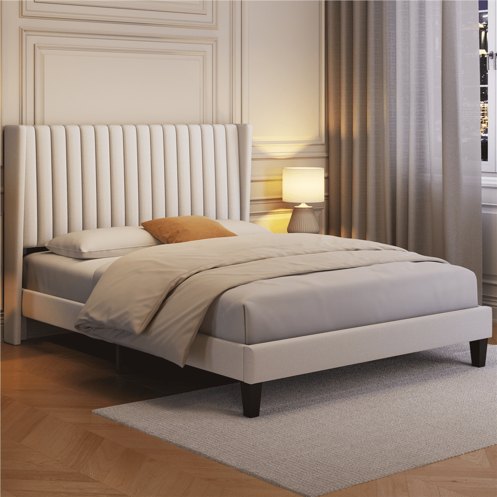 Hommeco Ivory Upholstered Wingback Queen Platform Bed