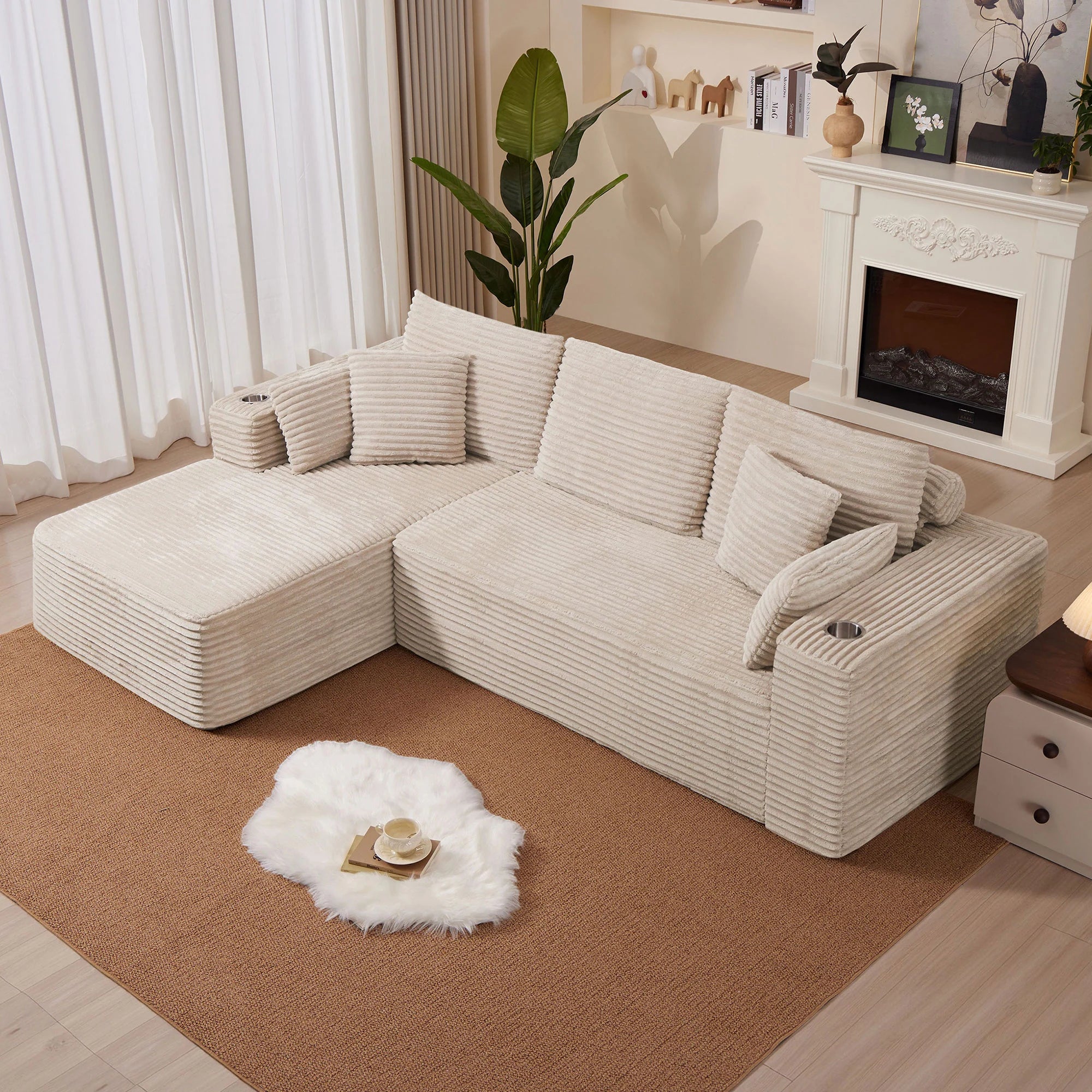 102.76" Corduroy Cloudy L Shaped Sofa with Headrests and Toss Pillows