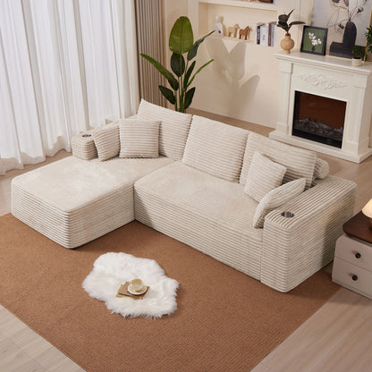 102.76" Corduroy Cloudy L Shaped Sofa with Headrests and Toss Pillows