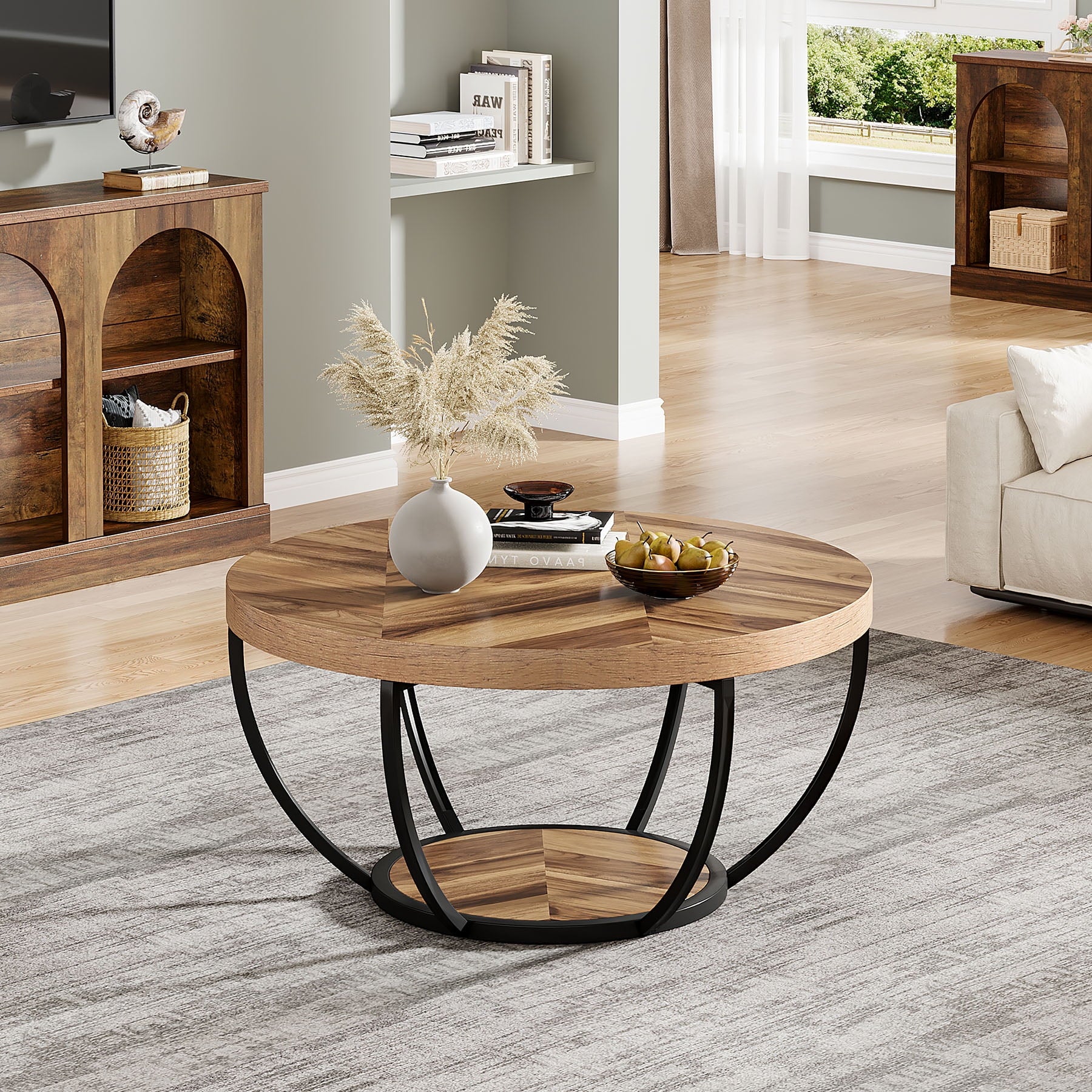 32" Round 2-Tier Coffee Table with Storage - Modern Wood & Metal