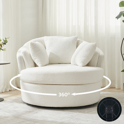 Oversized White Swivel Accent Chair - Modern Lambswool Barrel Chair for Bedroom & Living Room