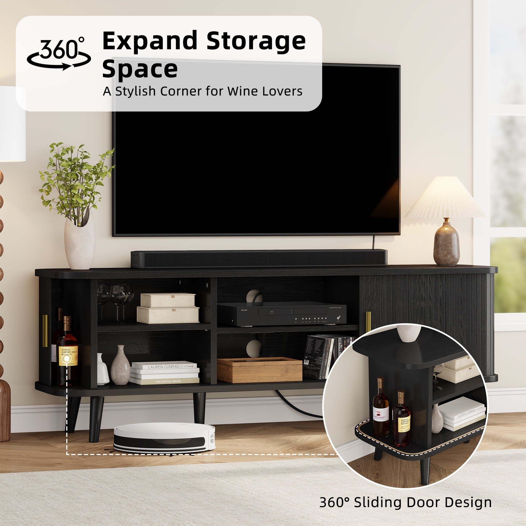 59" Modern TV Stand with Power Outlet & Sliding Doors – Black