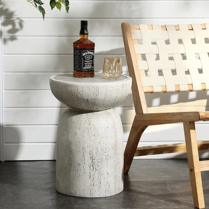 Rustic off White and Gray round Tall Mgo Side Table, Indoors and Outdoors