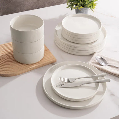 Jade Plates and Bowls Sets, 18 Piece Dinnerware Sets,Set for 6,White