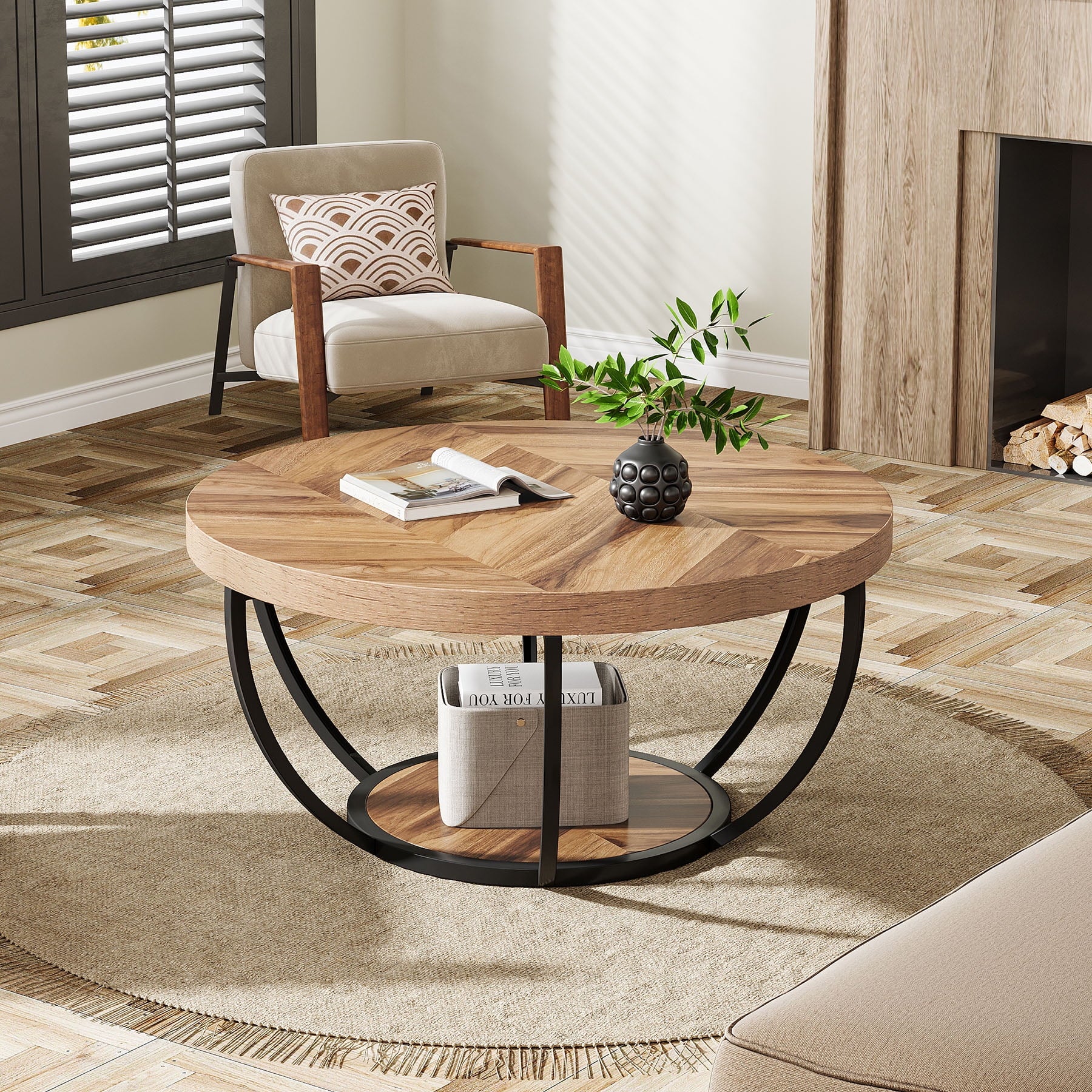 32" Round 2-Tier Coffee Table with Storage - Modern Wood & Metal