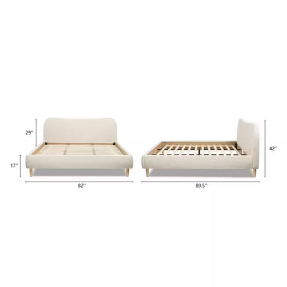 Roman Curved Headboard Boucle Upholstered Modern King Platform Bed Frame in Oatmeal Light Beige Chenille