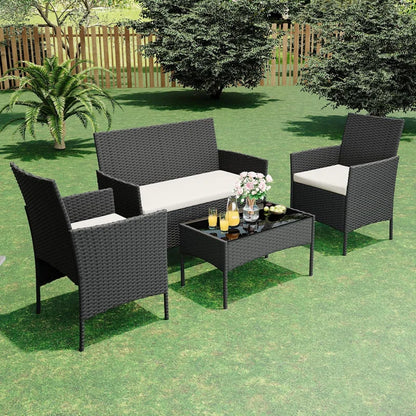 4 Pieces Patio Furniture Set, Rattan Outdoor Furniture with Upholstered Sofa, 2 Chairs and Coffee Table, Conversation Bistro Set for Garden, Backyard, Porch