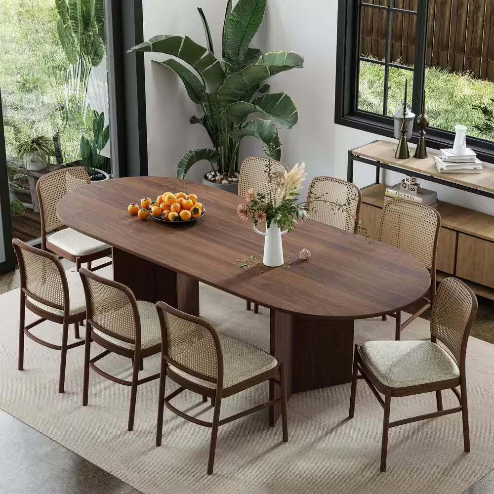 Brix Modern Oval Walnut Wood Top 79 In. Double Pedestal Base Dining Table Seats 8