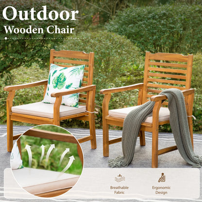 7-Piece Acacia Wood Outdoor Patio Dining Set with 6 Wooden Chairs with Cushions & 1 Expandable Wooden Dining Table for 6-8 Person