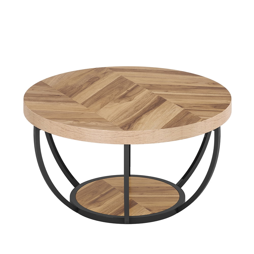 Hommeco 2-Tier Round Natural Wood Coffee Table - Small Modern Design with Storage