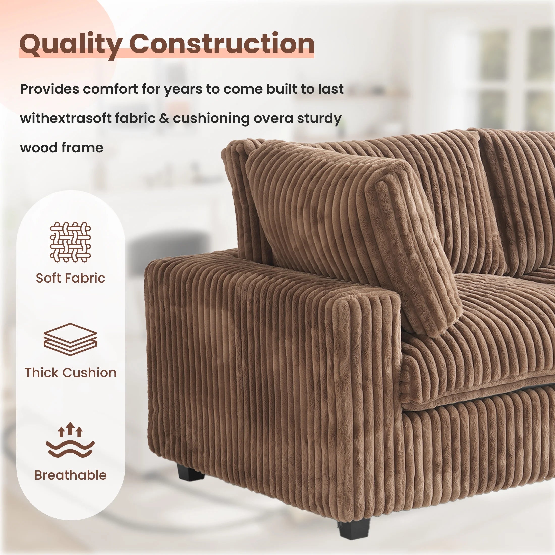 4-Seat Brown Plush Cloud Sofa | Deep Seat Modular U-Shape