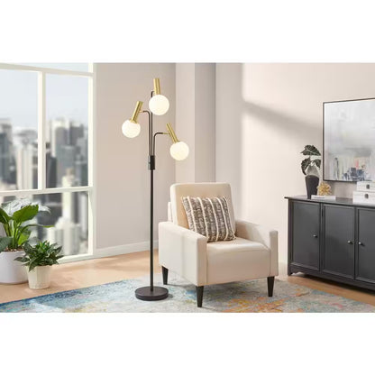 Kingsbridge 70 In. 3-Light Black and Gold Tree Floor Lamp with White Glass Globe Shades
