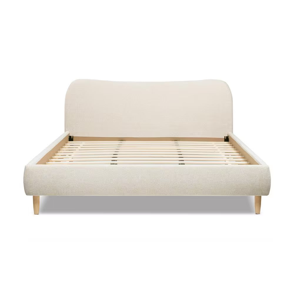 Roman Curved Headboard Boucle Upholstered Modern King Platform Bed Frame in Oatmeal Light Beige Chenille