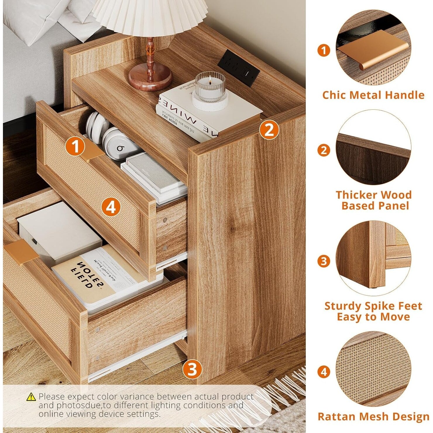 2Pcs Nightstands with Charging Station, Bedside End Tables Bedroom