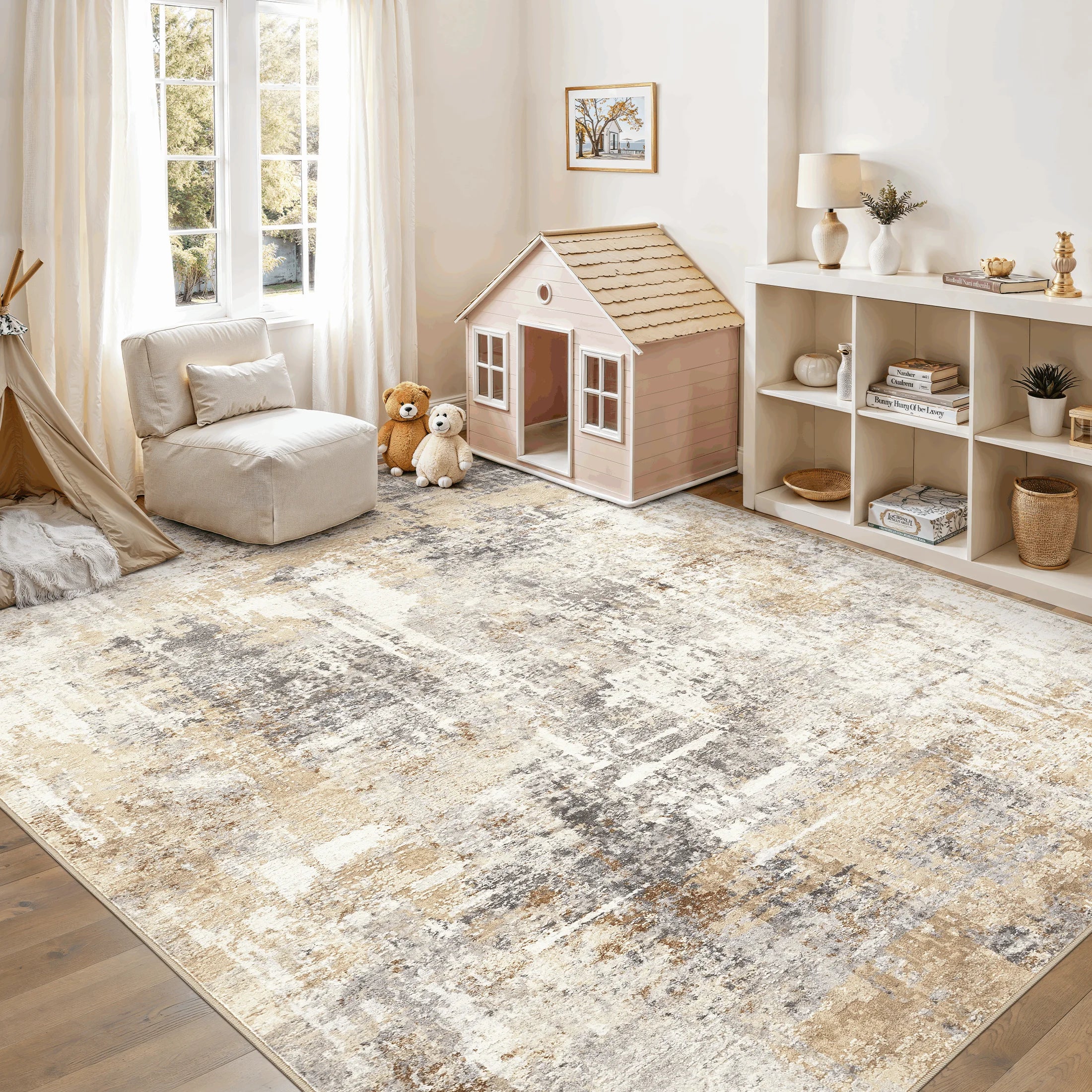 9'X12' Large Area Rugs for Living Room, Washable Non Slip Indoor Rug for Bedroom Home Decor Carpets, Modern Abstract Printed Carpet, Grey Gold