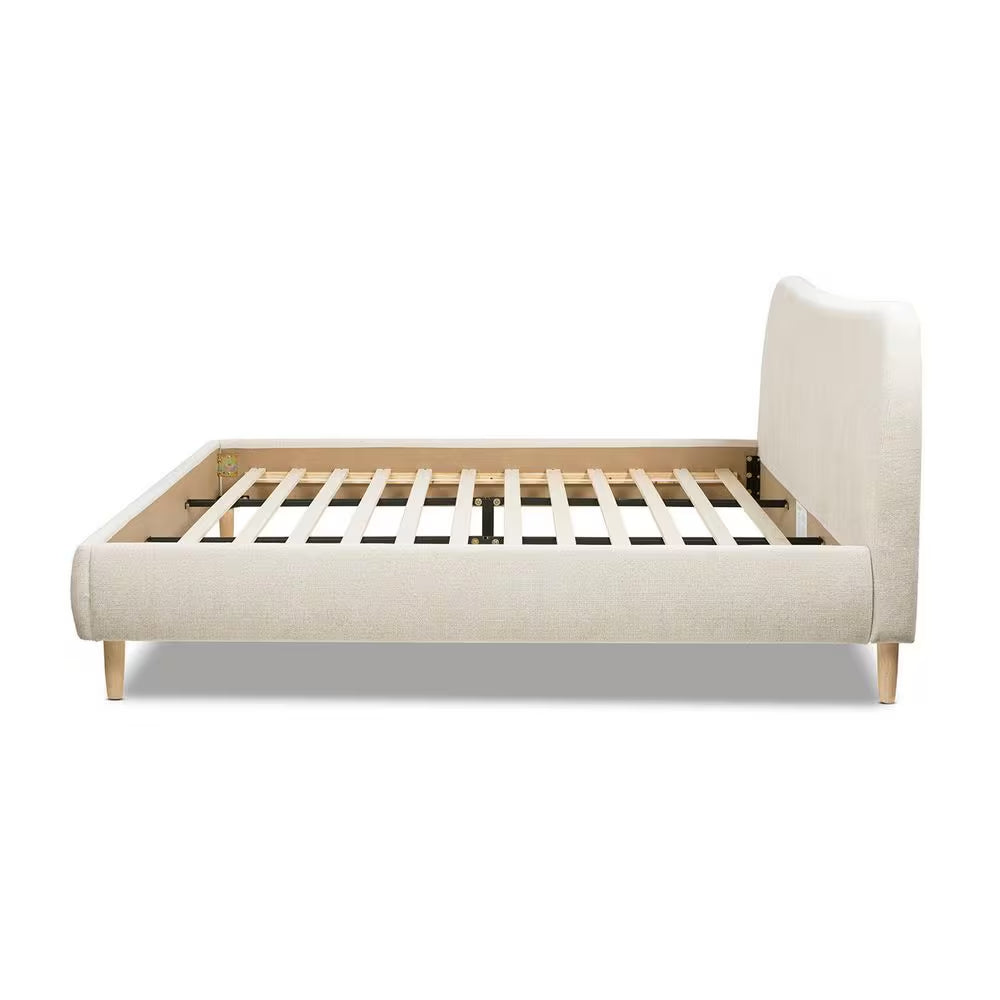 Roman Curved Headboard Boucle Upholstered Modern King Platform Bed Frame in Oatmeal Light Beige Chenille