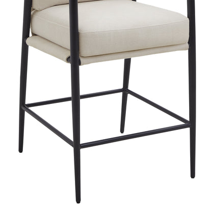 Modern Upholstered Bar Stools with Metal Frame and Wooden Armrests, Fabric in Beige