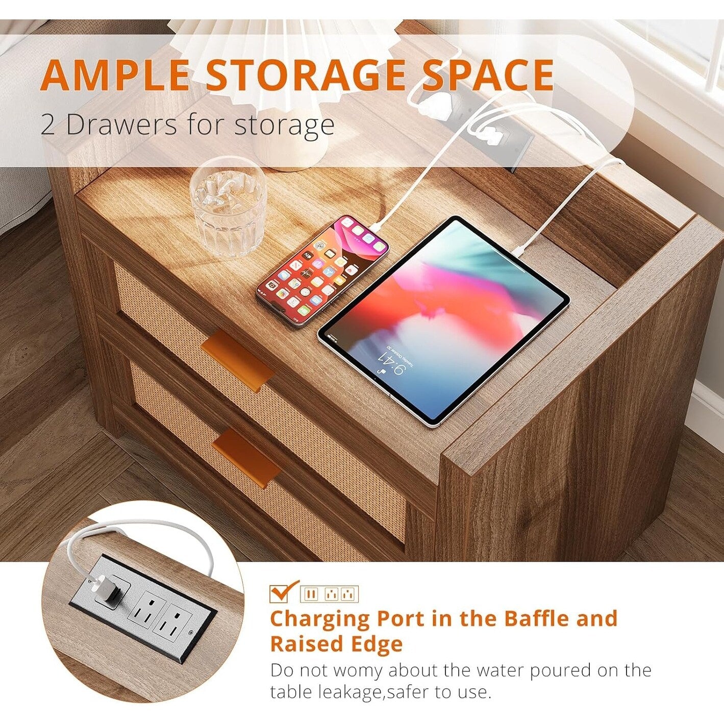2Pcs Nightstands with Charging Station, Bedside End Tables Bedroom