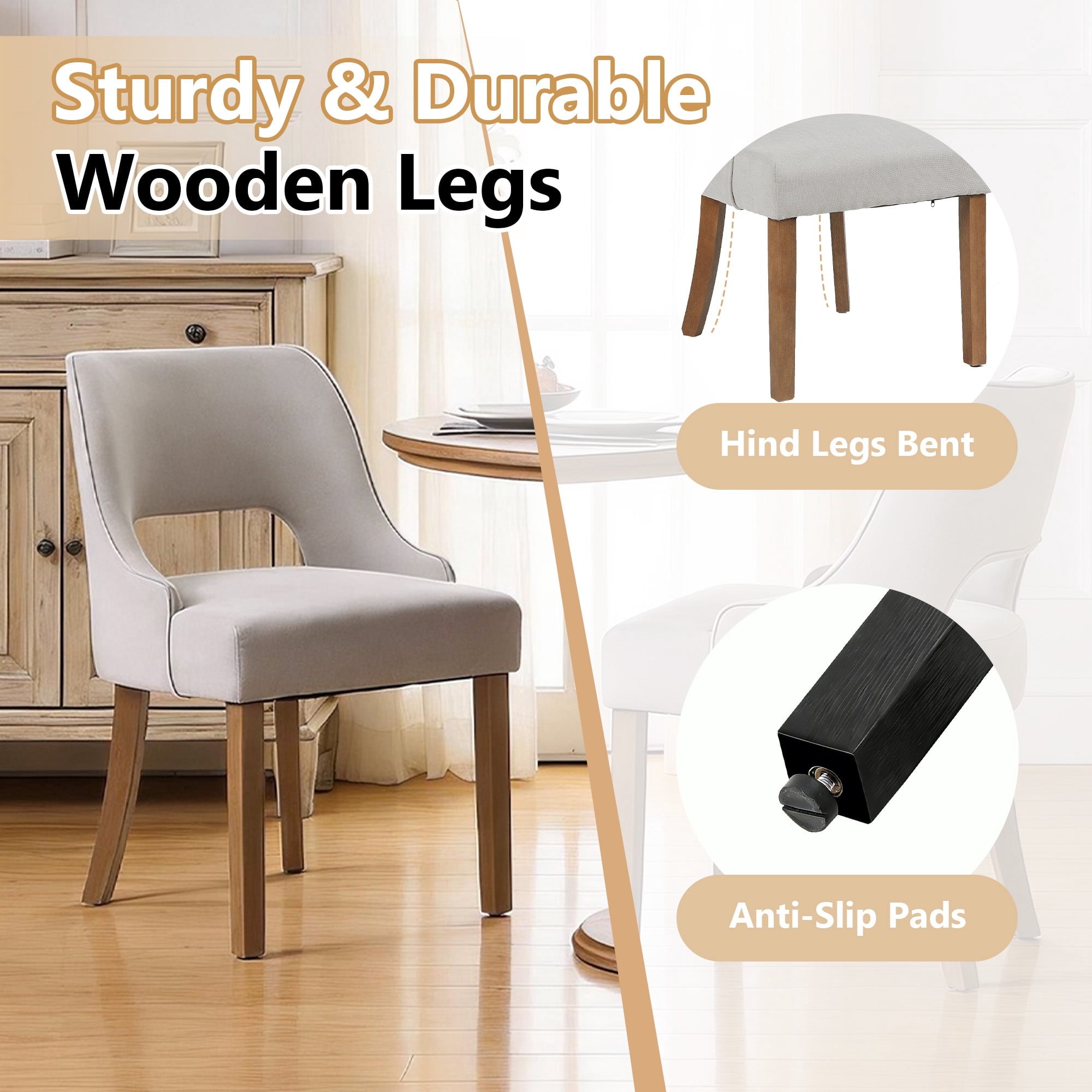 Set of 4 Modern Wooden Dining Chairs – Linen Fabric with Cutout Back