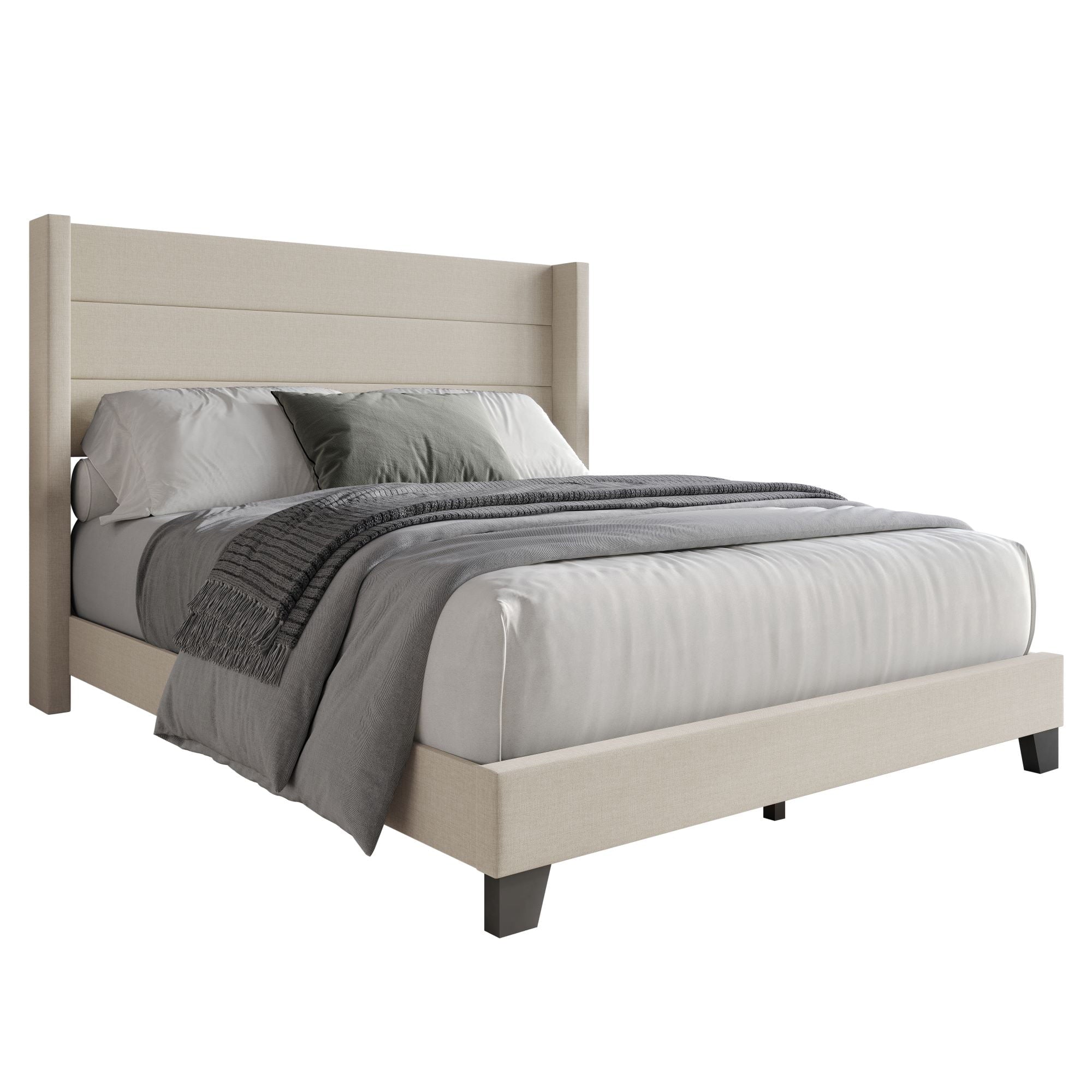 Queen Upholstered Panel Bed Frame with Wingback Headboard and Foam-Padded Support