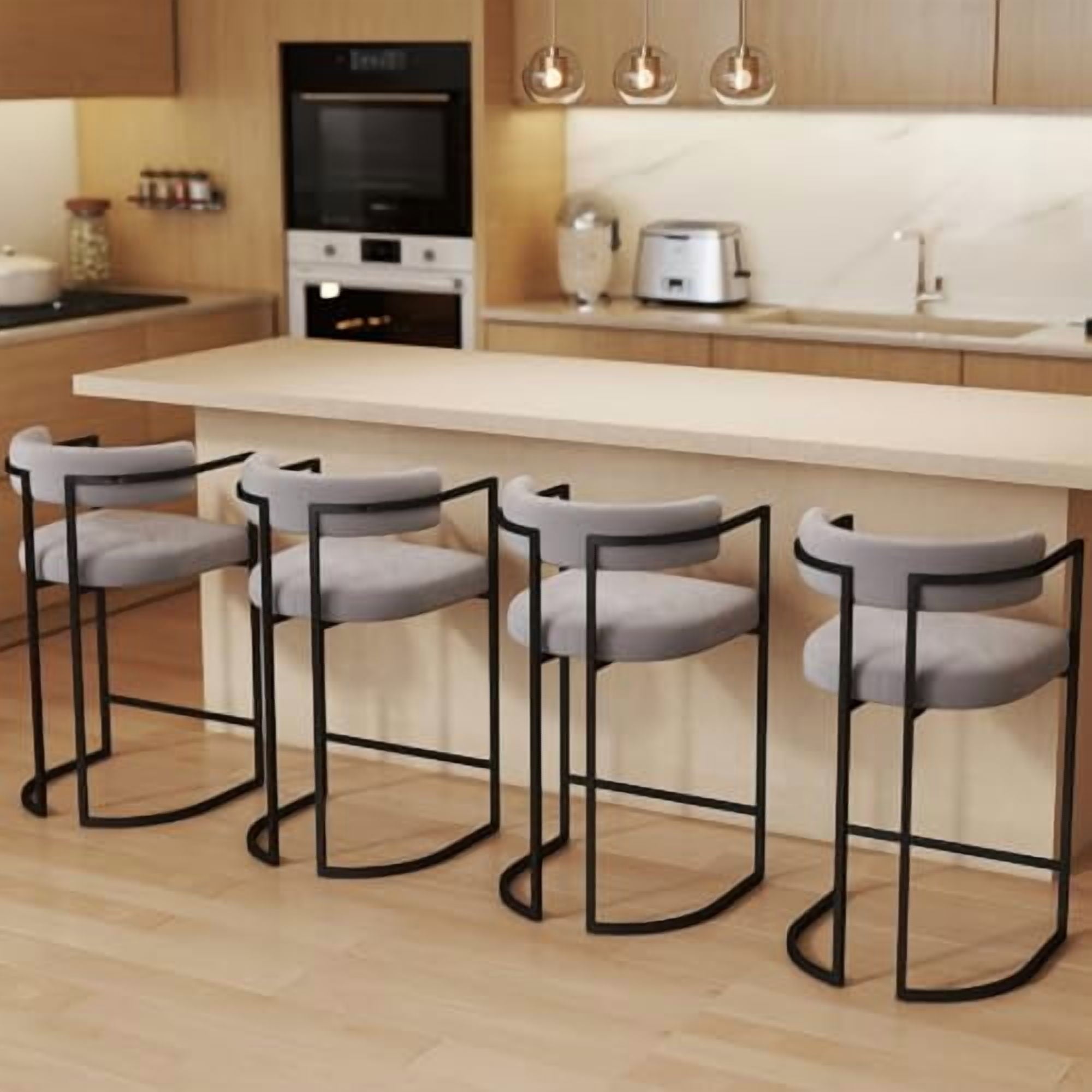 Fabio 26" Upholstered Bar Height Bar Stools with Metal Frame, Grey/Fur(Set of 4)
