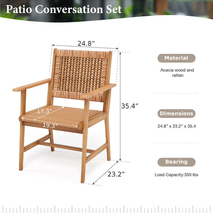 2-Piece Acacia Wood Patio Dining Chairs (Weight Capacity 350 Lbs) with Rattan Seat & Back, Natural Wood Outdoor Chairs