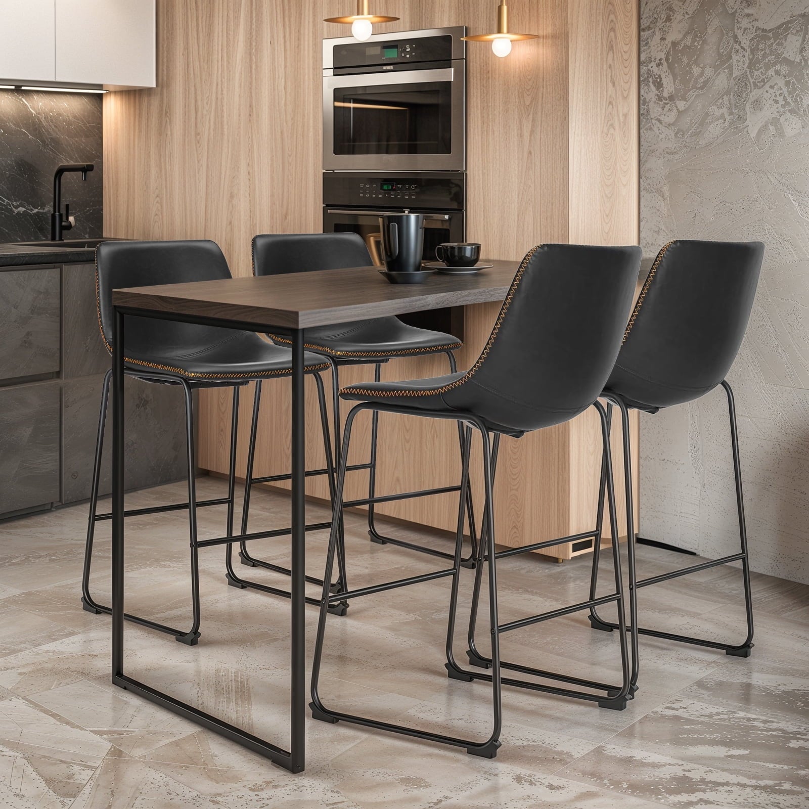 26-Inch Modern Metal Bar Stools | Brown Faux Leather (Set of 2)
