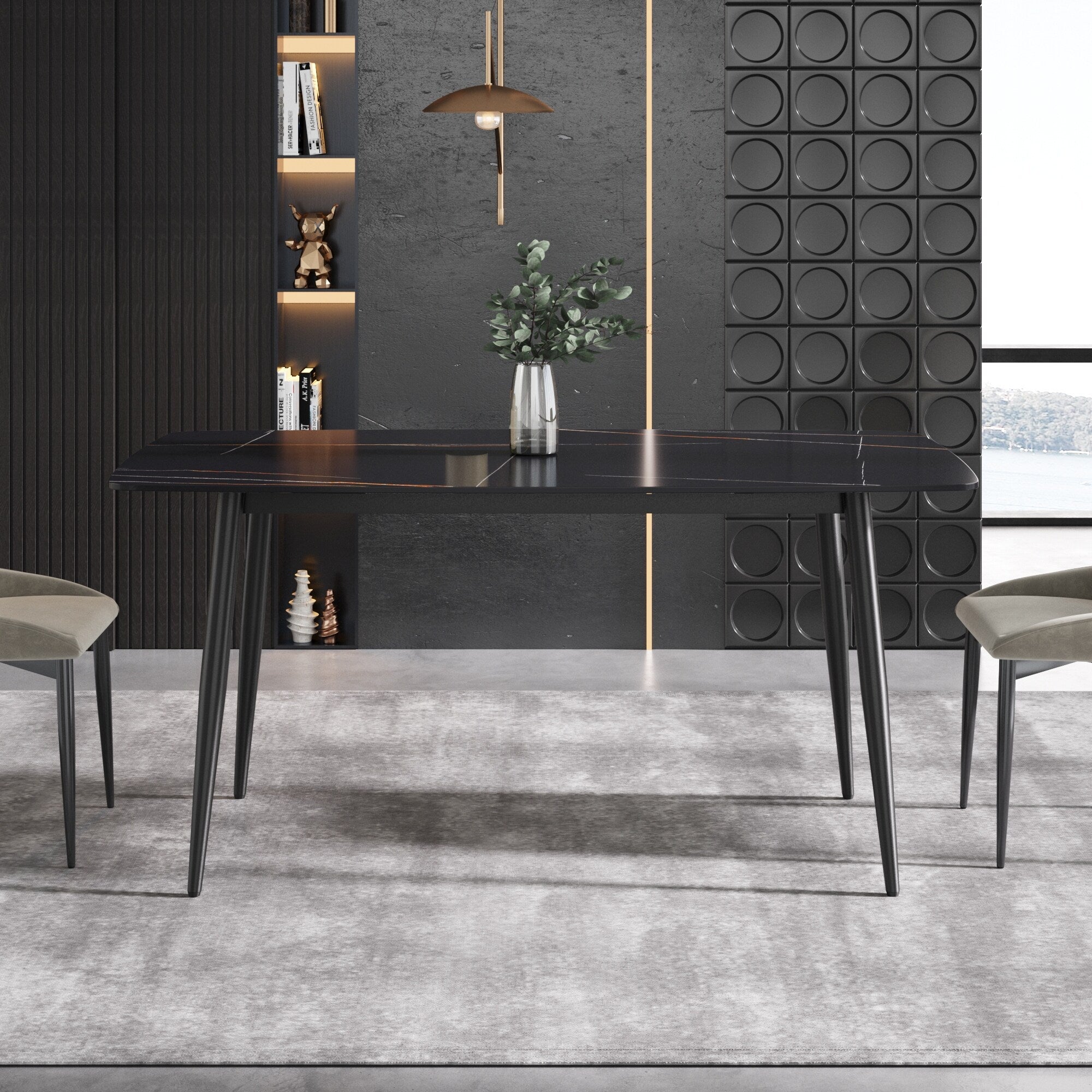 63" Modern Sintered Stone Dining Table,Solid Black Carbon Steel Base