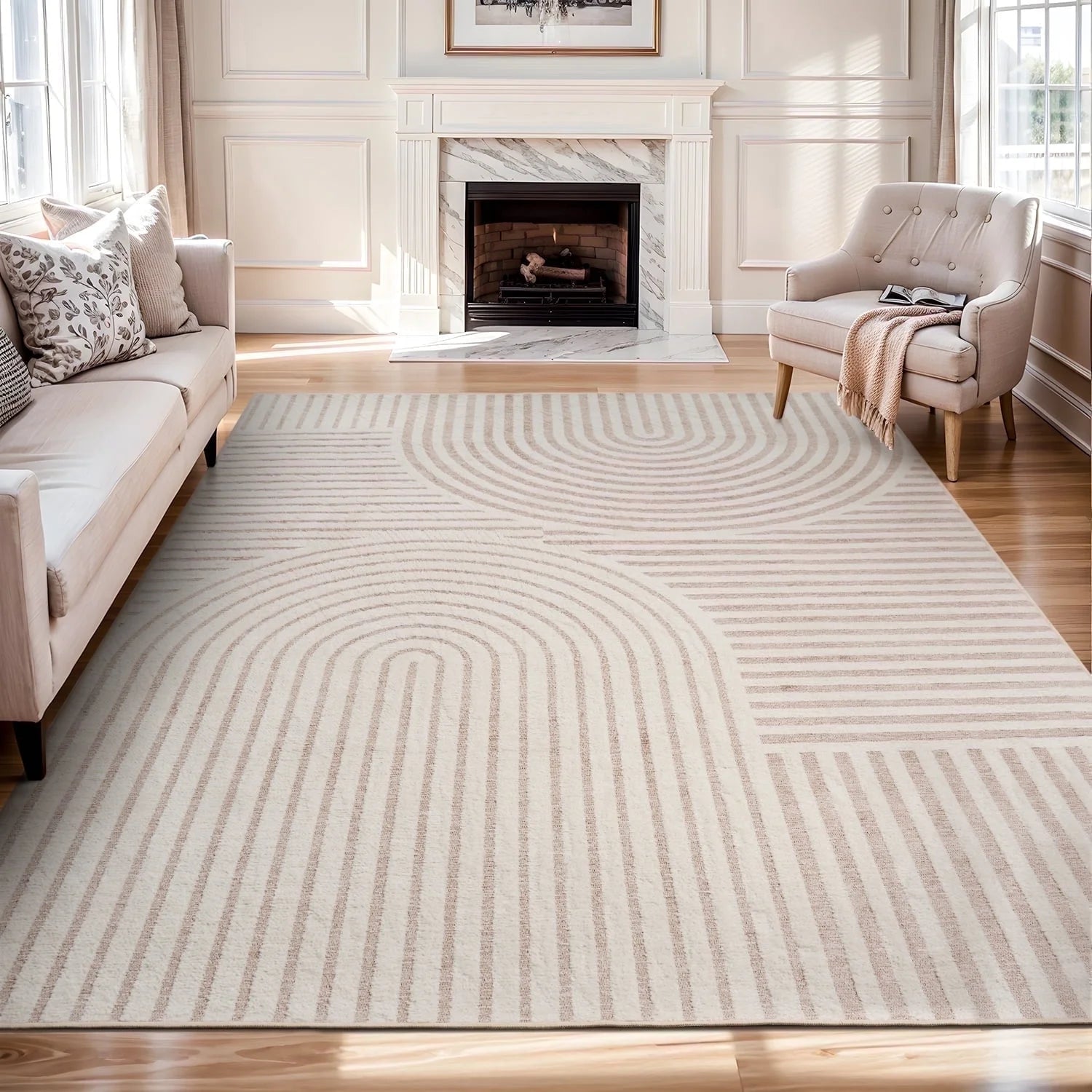 8'X10' Area Rugs for Living Room Jacquard Textured Modern Rugs Soft Geometric Rug for Bedroom Mid Century Washable Rug Non-Slip Bohemian Carpet Perfect for Dining Room Office Beige