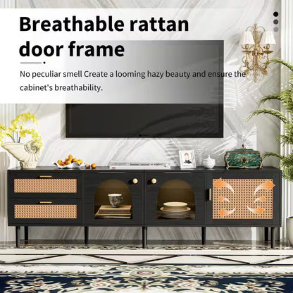 Rattan Black TV Stand Entertainment Center Fits Tv'S up to 80 In. with 2 Drawers, 3 Cabinets and LED Light