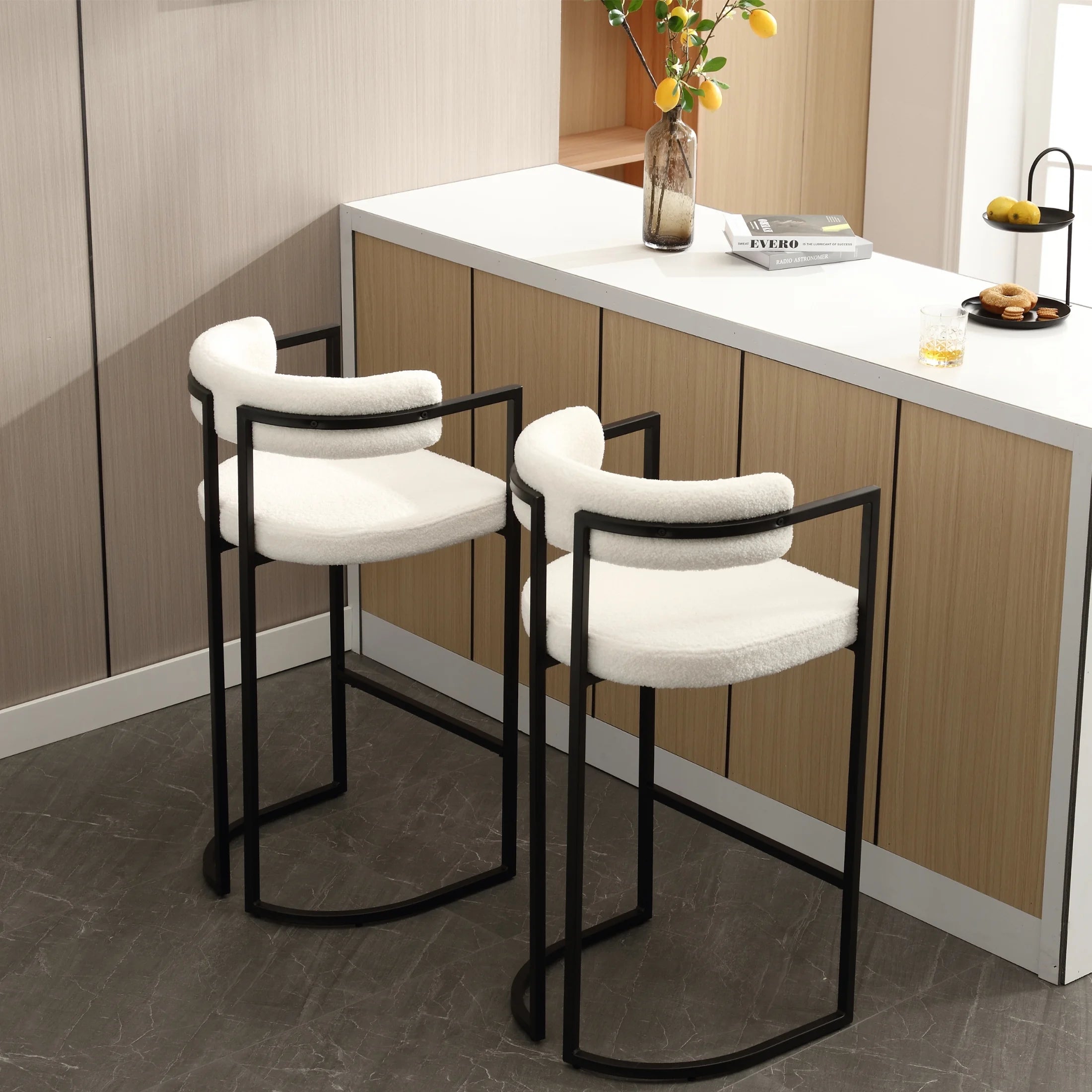 Fabio 30" Upholstered Bar Height Bar Stools with Metal Frame, White/Fur(Set of 4)