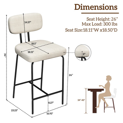 Bar Stools Set of 2, 26" Counter Height Barstools with Back and Footrest, Square Fabric Upholstered Stools, White