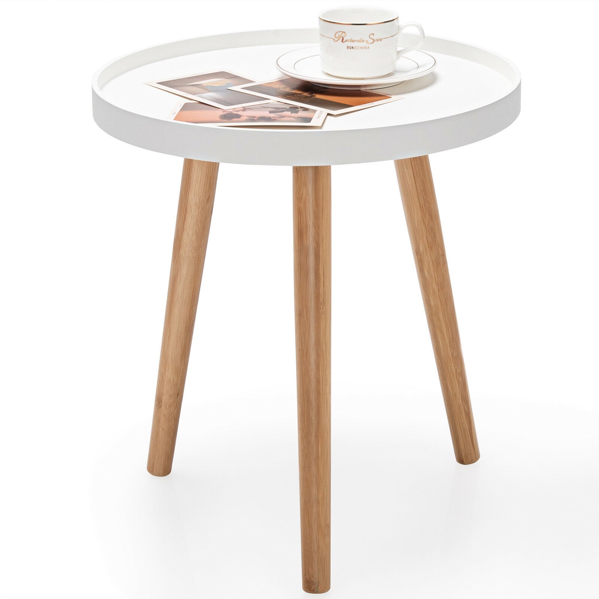 Wood round Side Table, White/Brown