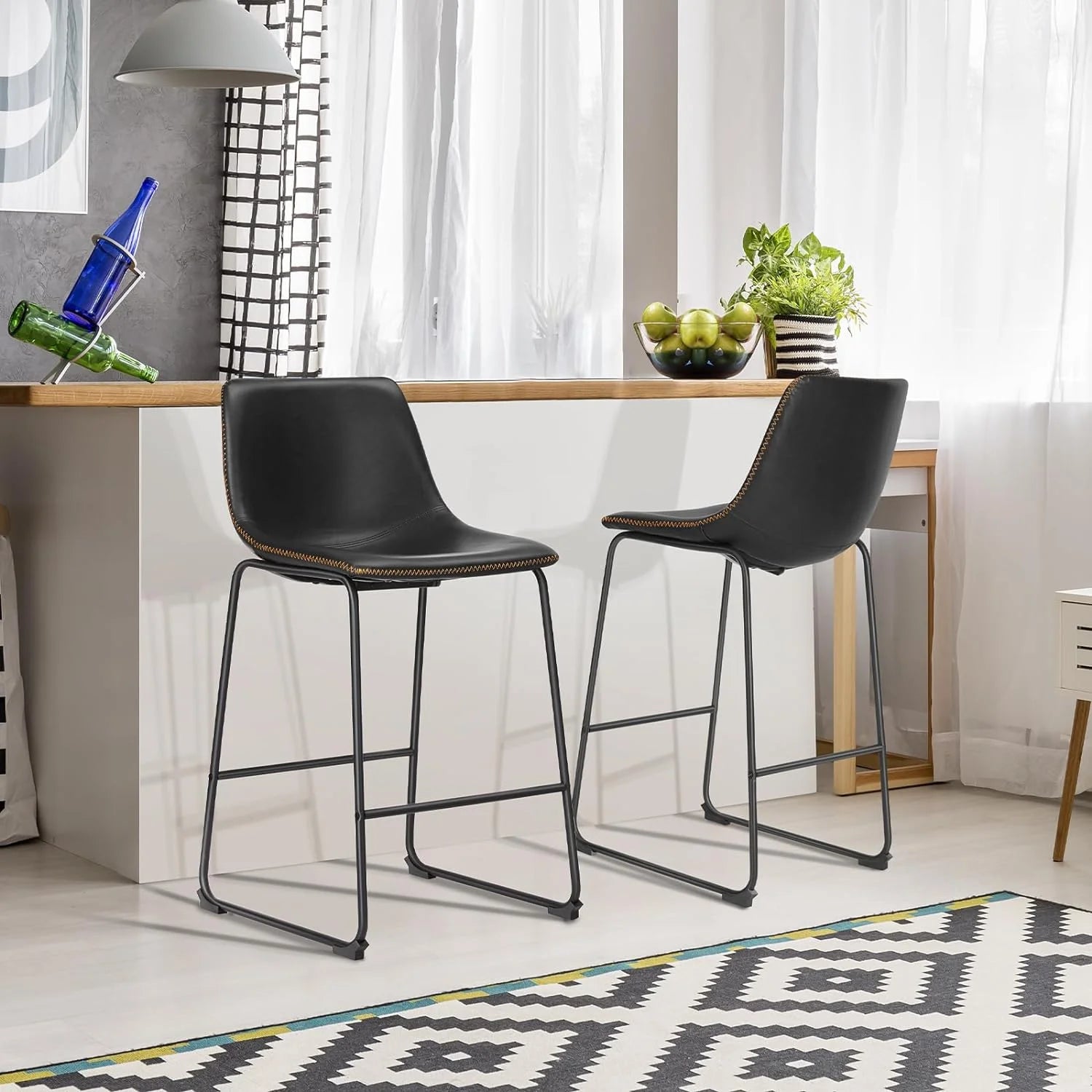 30 Inch Barstools High PU Leather Counter Bar Stool with Back and Footrest Set of 2, Black