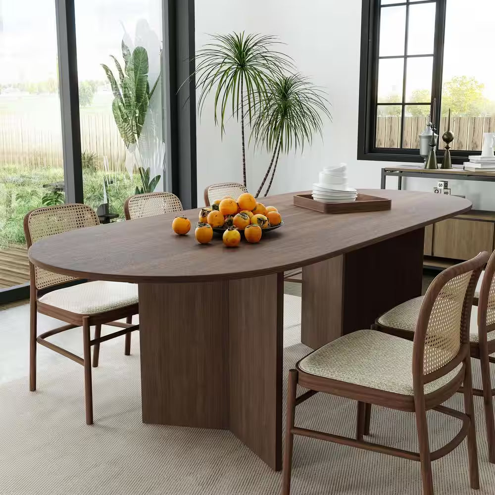 Brix Modern Oval Walnut Wood Top 79 In. Double Pedestal Base Dining Table Seats 8