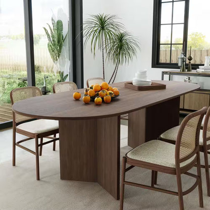 Brix Modern Oval Walnut Wood Top 79 In. Double Pedestal Base Dining Table Seats 8