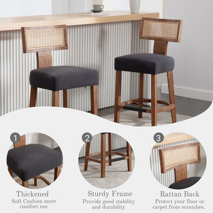 Set of 2 Charcoal Rattan Bar Stools – 26" Modern Farmhouse