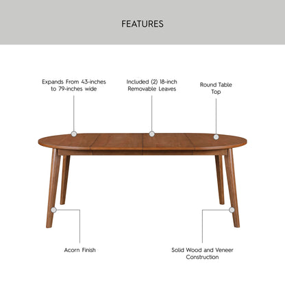Mid-Century Extendable Dining Table, Solid Wood and Veneer, Acorn Finish